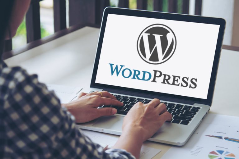 hands n laptop keyboard with WordPress logo on screen