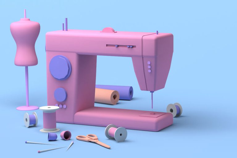 Computer generated image of sewing machine and associated items.