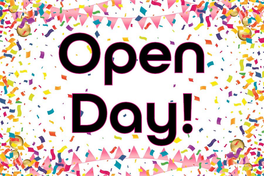 colourful confetti with words 'open day' in front