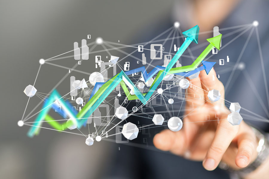 CGI graphic showing elements relation to data analysis, graph icons and the like.
