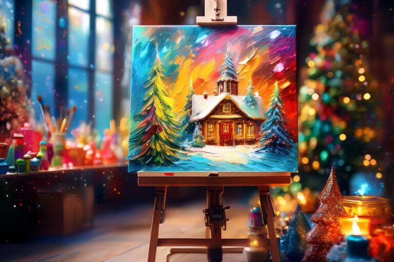 Artists easel with painted festive scene