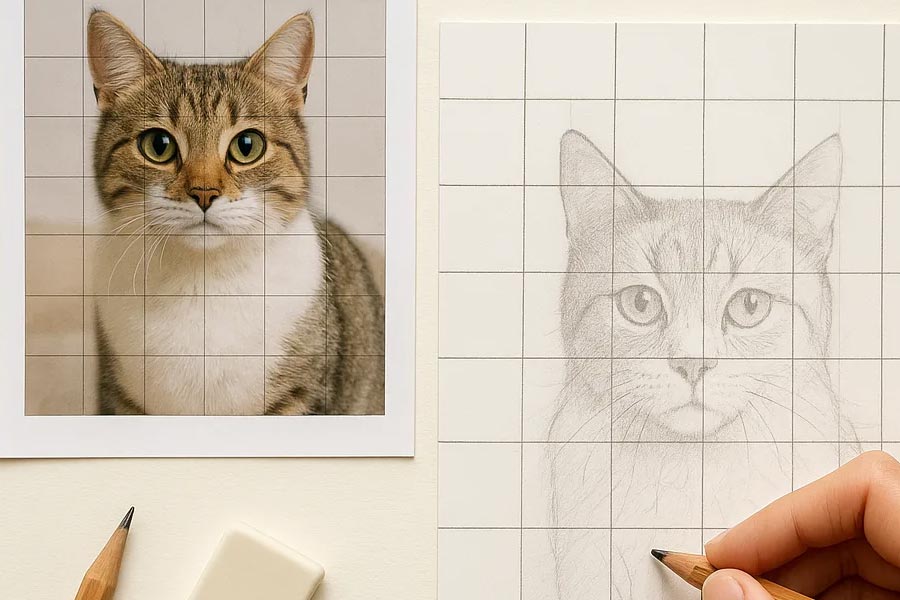 cat being drawn using the grid drawing method