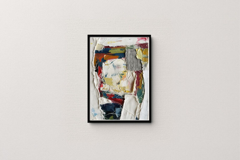 Framed picture of mixed media artwork on plain background